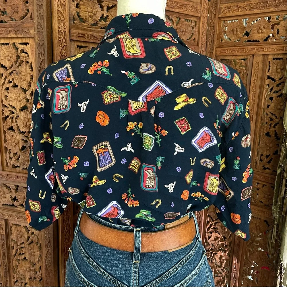 Vintage Western Cowgirl boots hat floral Print button down Shirt - Picture 8 of 12